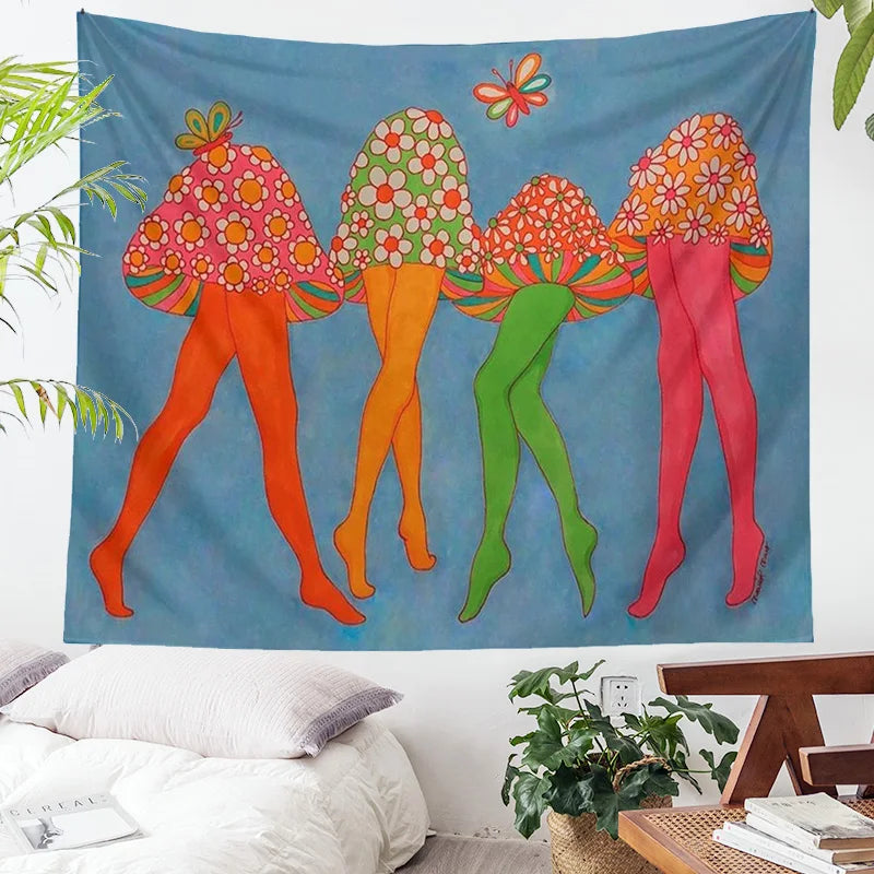 Afralia™ Mushroom Dance Tapestry Wall Hanging Psychedelic Wall Art Vintage 80S Poster