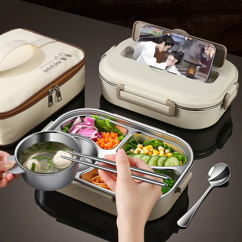 Afralia™ Stainless Steel Insulated Lunch Box with Compartments and Microwave-safe Food Container