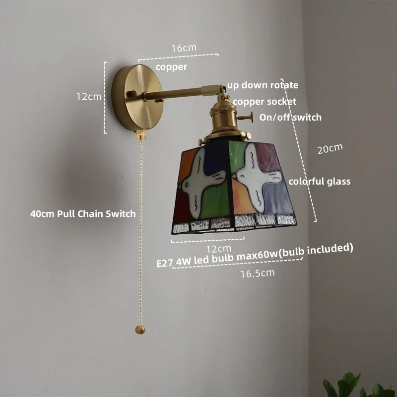 Afralia™ Tiffany Style Peace Dove Glass Wall Sconce LED Lamp with Adjustable Wire and Pull Chain Switch.