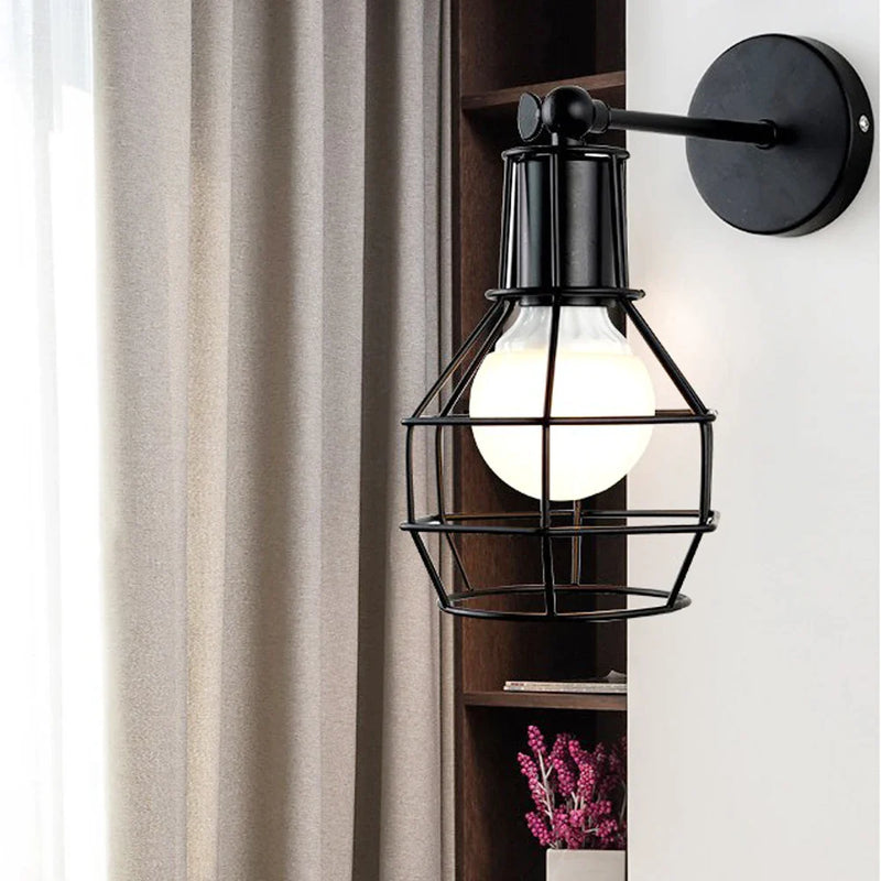 Afralia™ Black Iron Cage Wall Lamp: Retro Indoor Sconce for Bedroom, Bar, and Reading