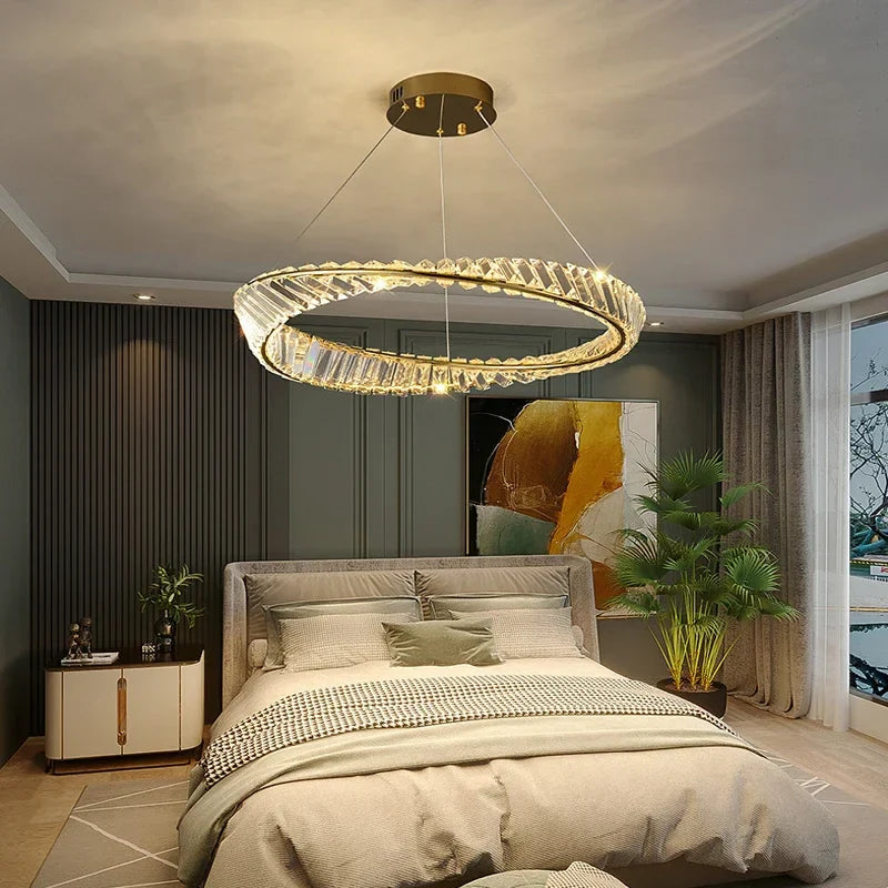 Afralia™ Luxury Gold LED Crystal Pendant Chandelier for Living & Dining Room Lighting
