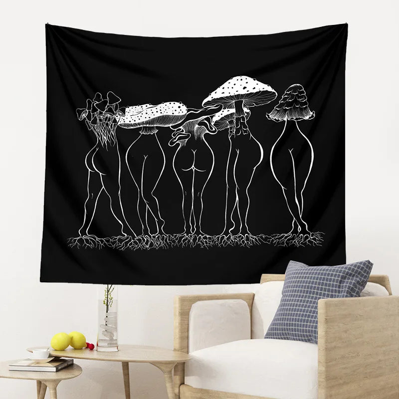 Afralia™ Mushroom Woman Tapestry Wall Hanging Black White Boho Decor Bedroom Aesthetic