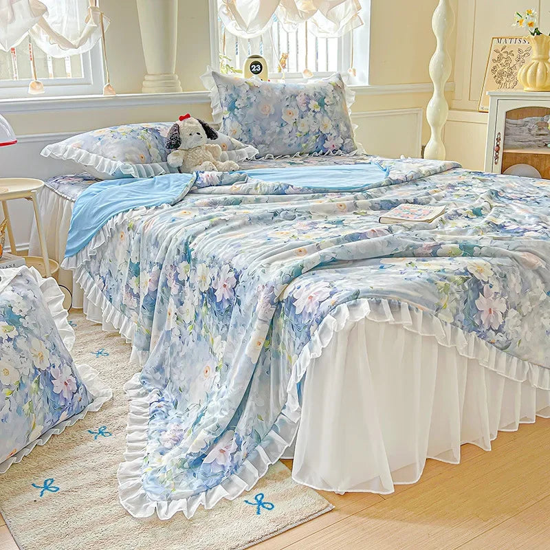 Afralia™ Floral Print Lace and Ruffle Summer Quilt: Skin-Friendly, Breathable Comforter