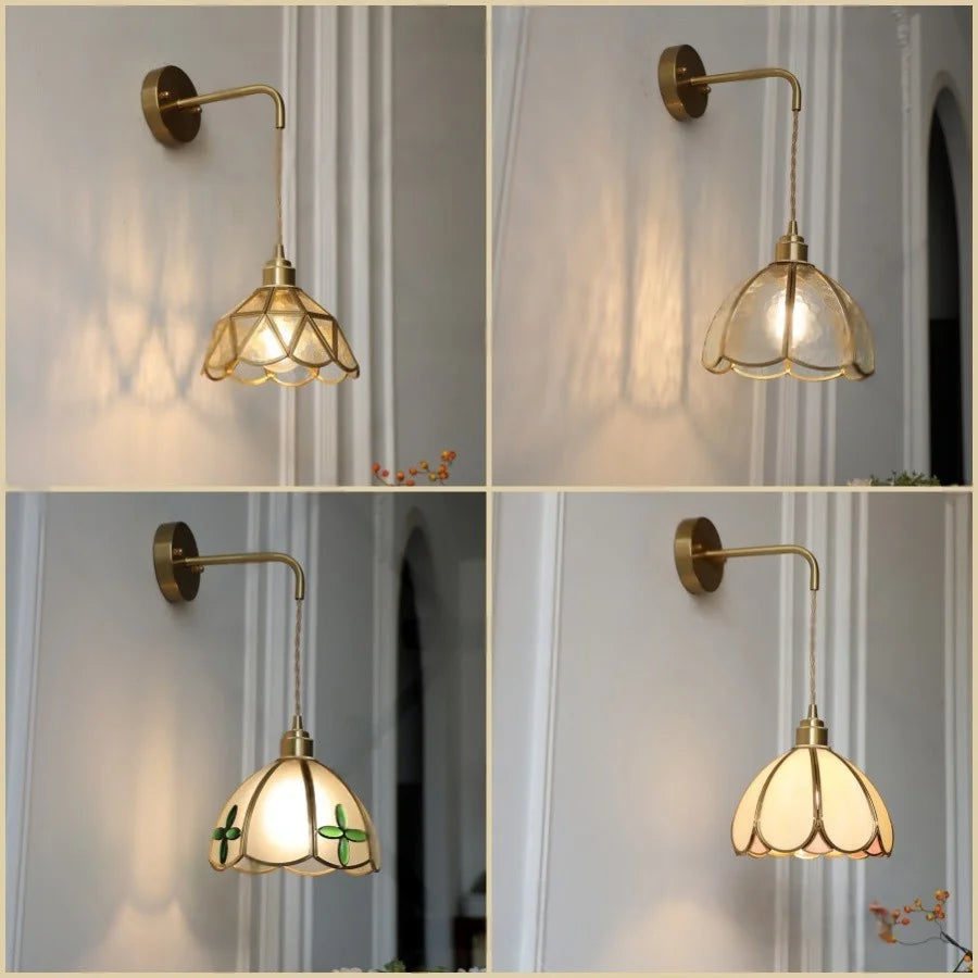 Afralia™ Tiffany Glass LED Wall Sconce Pull Chain Switch Bedroom Foyer Lamp