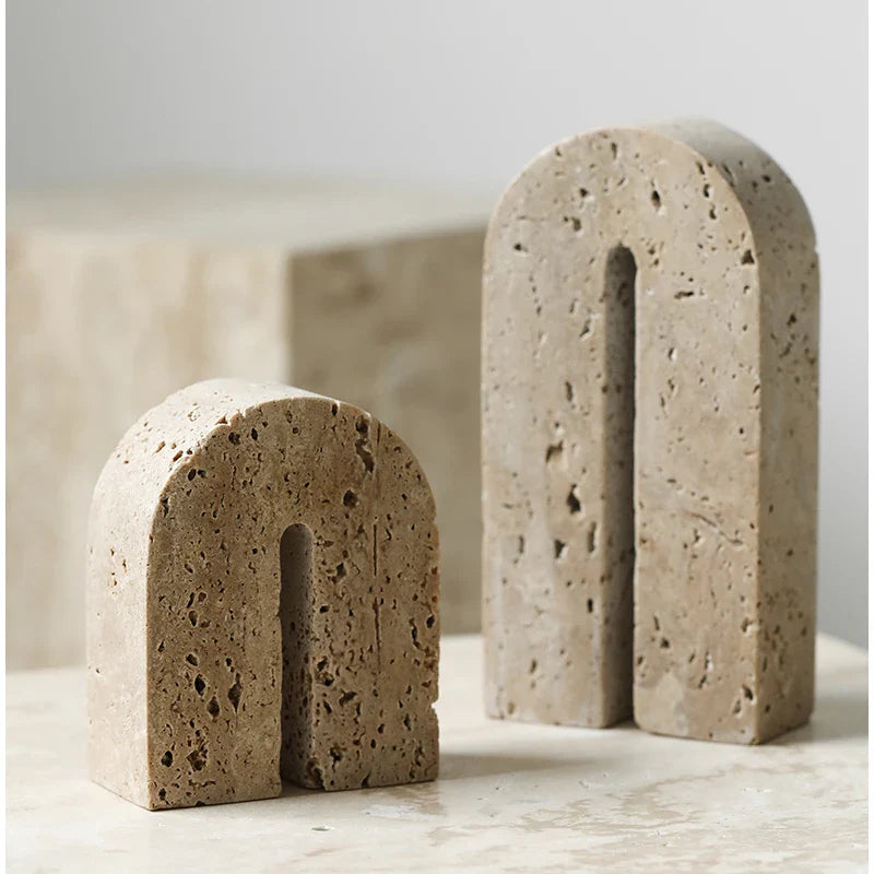Afralia™ Beige Travertine Stone Bookends - Luxury Vintage Book Holder Decor