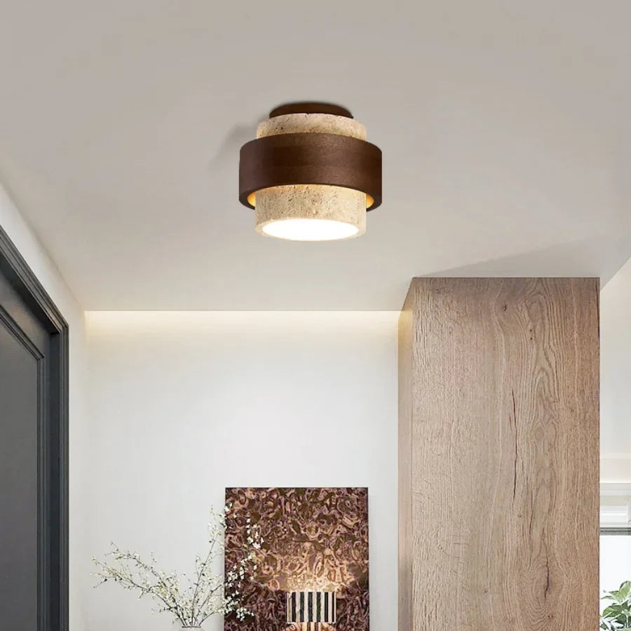 Afralia™ Yellow Travertine LED Ceiling Lamp with Wood Canopy Flush Mount