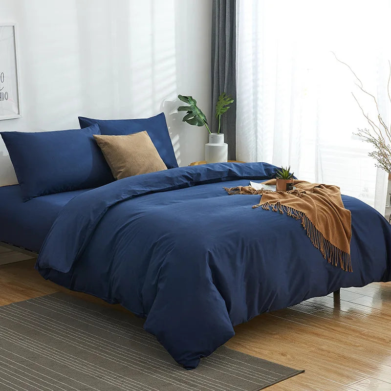 Afralia™ Cotton 4pcs Bedding Set Double Queen Solid Color Duvet Cover Flat Bed Sheet