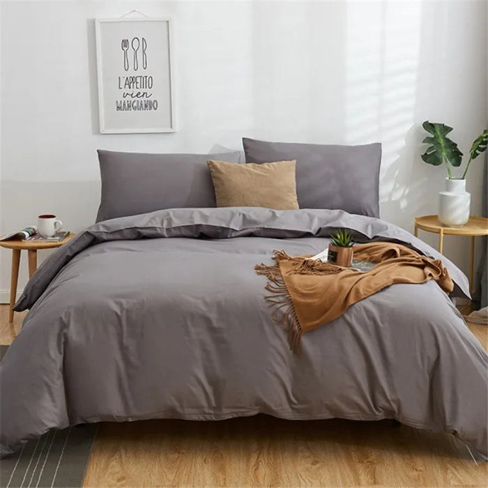 Afralia™ Cotton 4pcs Bedding Set Double Queen Solid Color Duvet Cover Flat Bed Sheet