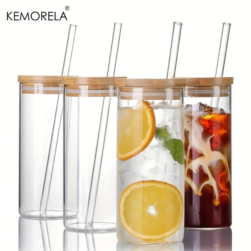 Afralia™ 4-Piece Set Clear Glass Tumbler Cups with Bamboo Lids and Straws - 600ML