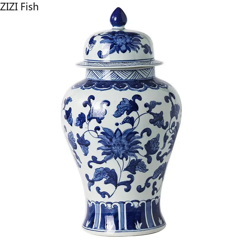 Afralia™ Blue White Porcelain Bird Flower Jar Tea Canister Vase Desk Decor