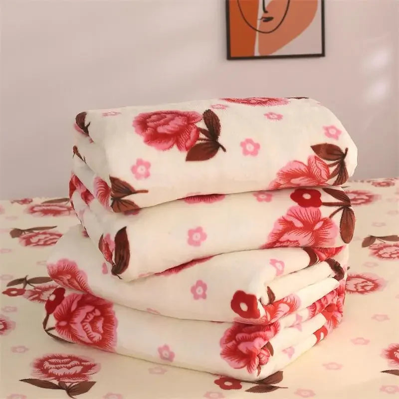 Afralia™ Coral Fleece Flannel Flower Printed Blanket for Single/Queen/King Beds