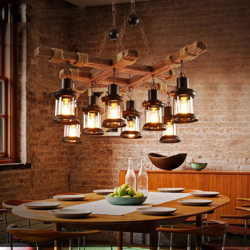 Afralia™ Retro Country Wooden Chandelier for Bar Cafe Restaurant, Industrial Style LED Lamps