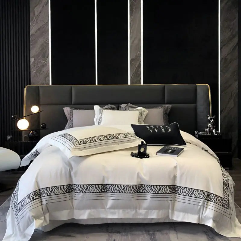 Afralia™ Zebra Print Embroidery 1000TC Egyptian Cotton 4Pcs Bedding Set - Queen King Size