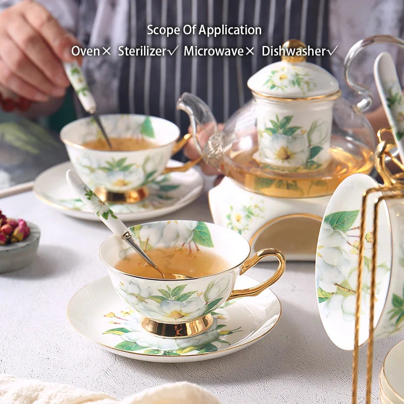 Afralia™ Camellia Floral Tea Set Bone China Glass Teapot & Ceramic Teacup Pot Strainer