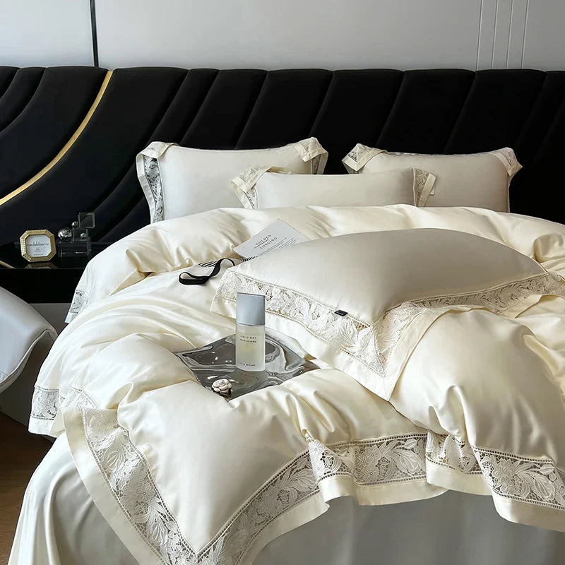 Afralia™ Luxe 1500TC Egyptian Cotton Lace Wide Edge Bedding Set: Duvet Cover, Sheet, Pillowcases