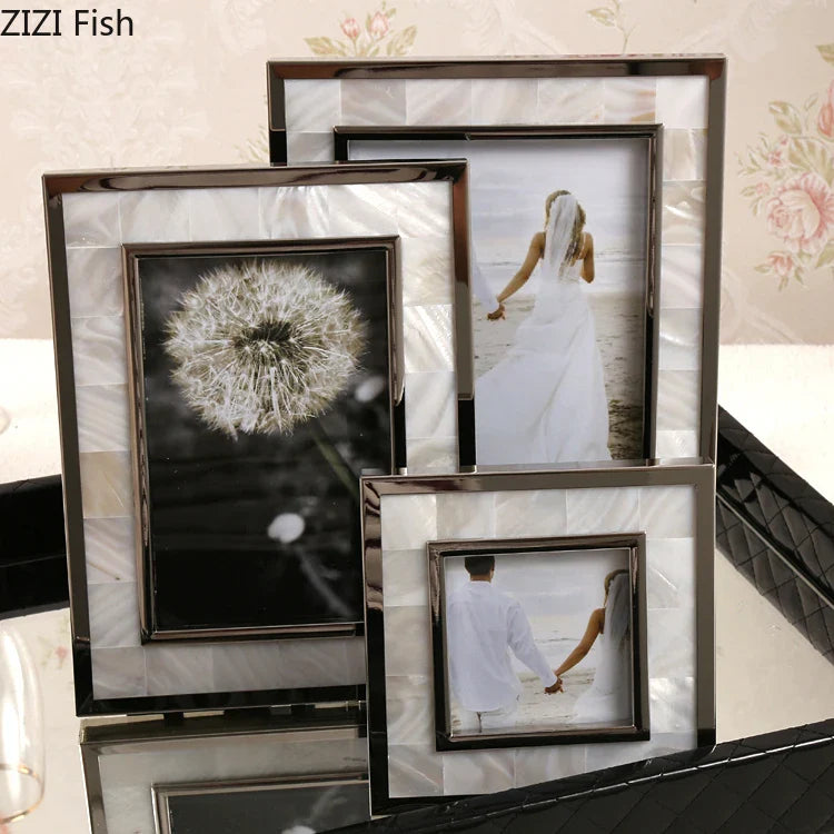 Afralia™ Golden Shell Photo Frame for Family Portrait Nightstand Decoration