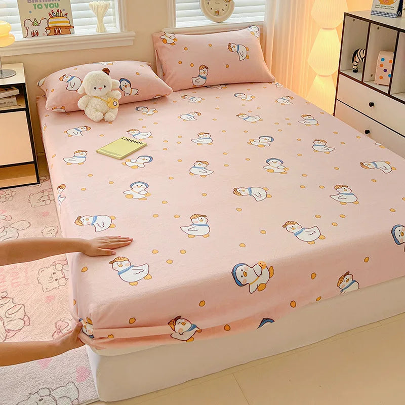 Afralia™ Milk Velvet Cartoon Printed Fitted Sheet - Cozy Plush Mattress Cover