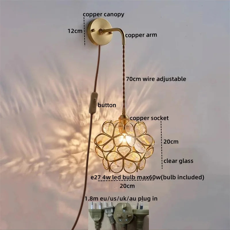 Afralia™ Copper Glass LED Wall Sconce Pull Chain Switch - Modern Stair Light Fixtures