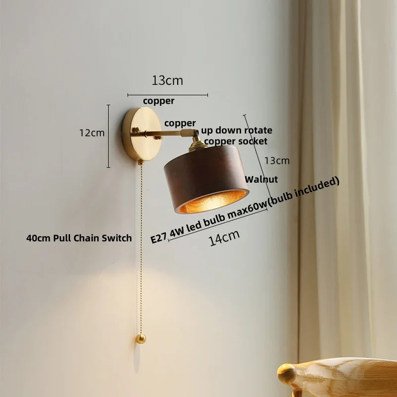 Afralia™ LED Walnut Wood Wall Sconce with Pull Chain Switch