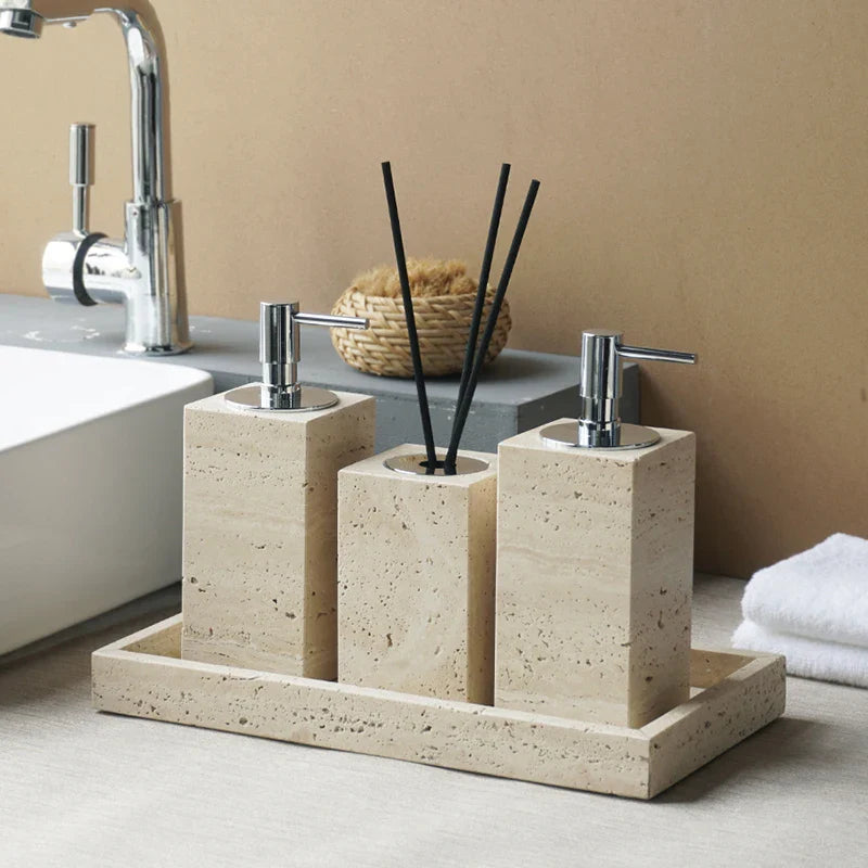 Afralia™ Beige Travertine Marble Bathroom Accessories Set - Soap Dispenser, Soap Dish, Reed Diffuser