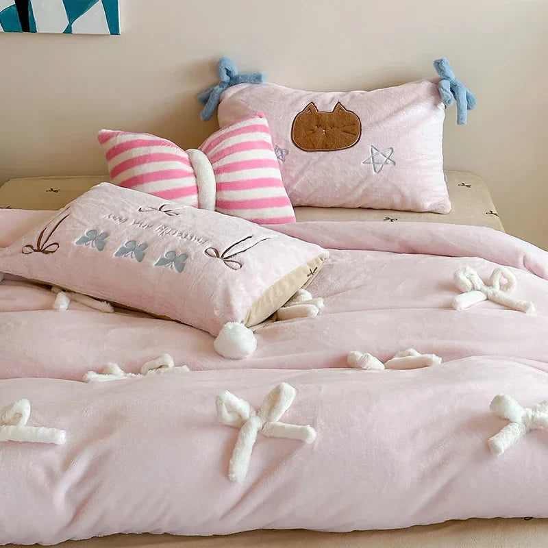 Afralia™ Bow-knot Embroidered Velvet Duvet Bedding Set cozy winter bedding with pillowcase