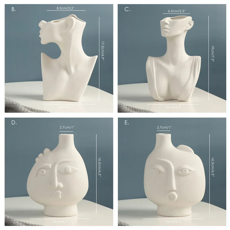 Afralia™ Nordic White Character Vase Bust Home Office Decor Statue Flower Head Pot
