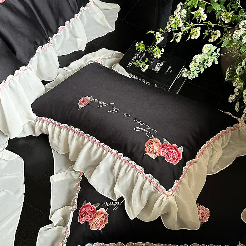 Afralia™ Floral Lace Princess Wedding Bedding Set with Lyocell Cotton Duvet Cover & Ruffles