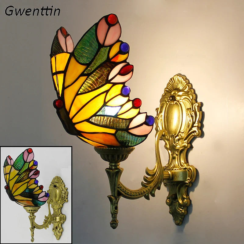 Afralia™ Butterfly Stained Glass Wall Sconces for Home Living Room Bedroom Lighting