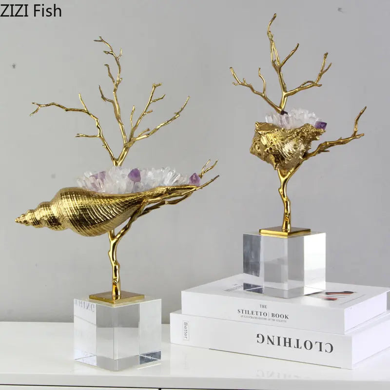 Afralia™ Golden Conch Metal Sculpture Decorative Figurine Artwork for Modern Home Decor