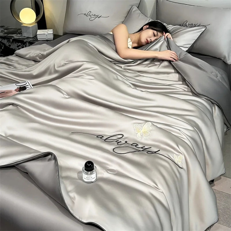 Afralia™ Nordic Style Floral Embroidered Ice Silk Comforter Set for Cooling Luxury Experience.