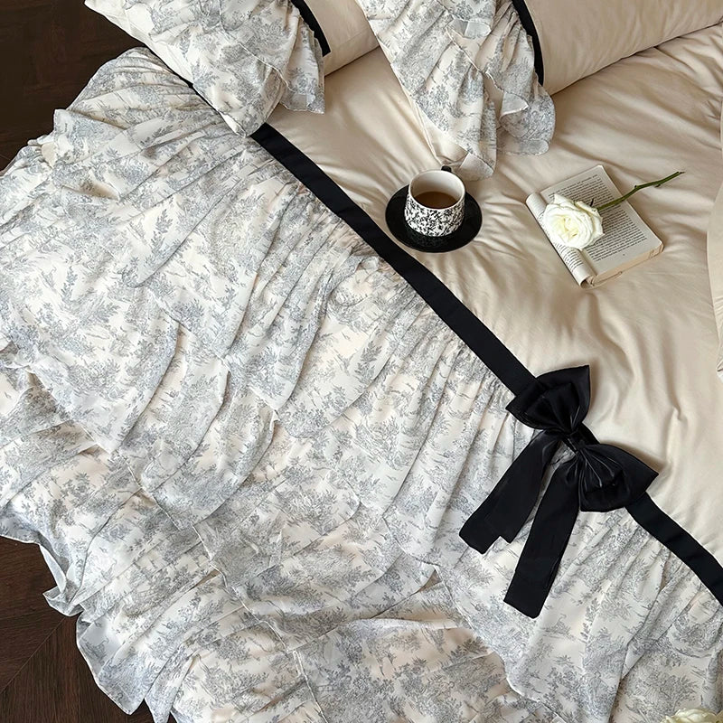 Afralia™ Lace Ruffles Bow Princess Bedding Set: Egyptian Cotton Duvet Cover, Bedskirt, Bedspread, Pillowcases