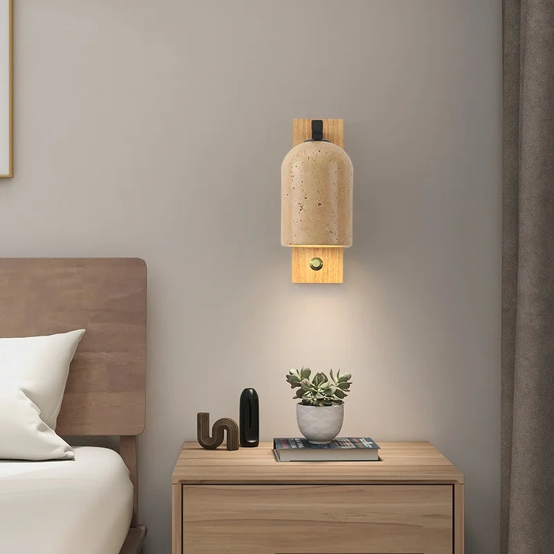 Afralia™ Wooden Canopy LED Wall Lights Modern Yellow Stone Bedside Lamp