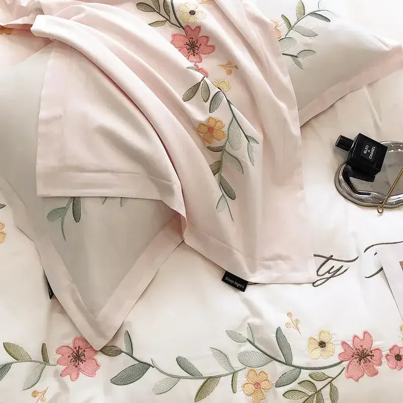 Afralia™ Flower Embroidery Cotton Duvet Cover Set, Queen/King Size Bedding Set with Sheets