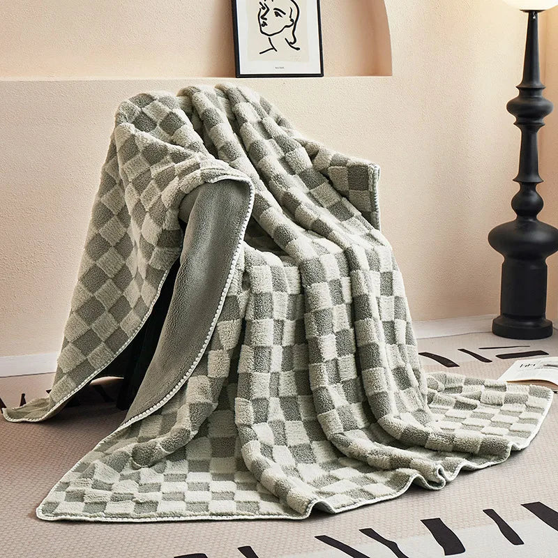 Afralia™ Luxury Teddy Rabbit Checkered Blanket: Double-Sided Velvet Sofa Cover