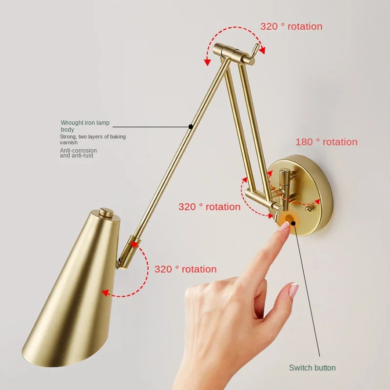 Afralia™ Adjustable Swing Arm LED Wall Lamp Touch Sensor Sconce Lights