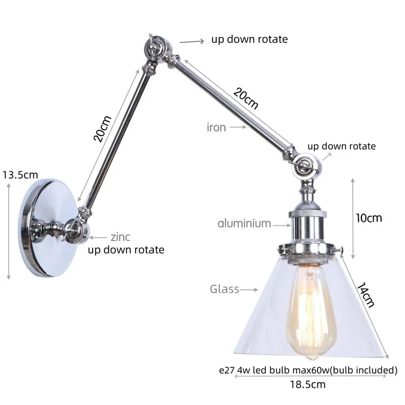 Afralia™ Chrome Industrial LED Wall Sconce Swing Arm Clear Glass Light