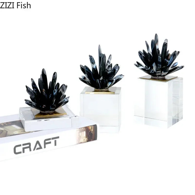 Afralia™ Black Agate Flower Crystal Art Desk Decoration on Crystal Base