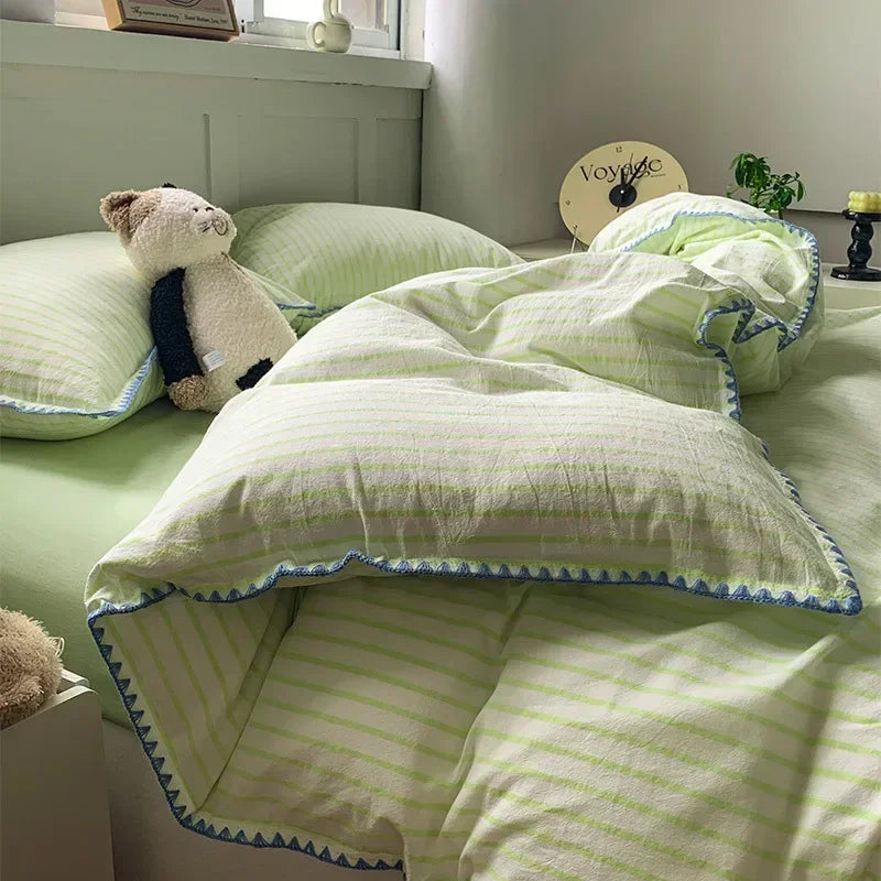 Afralia™ Striped Shell Edge Bedding Set | Cozy Washed Cotton Fitted Sheet Set