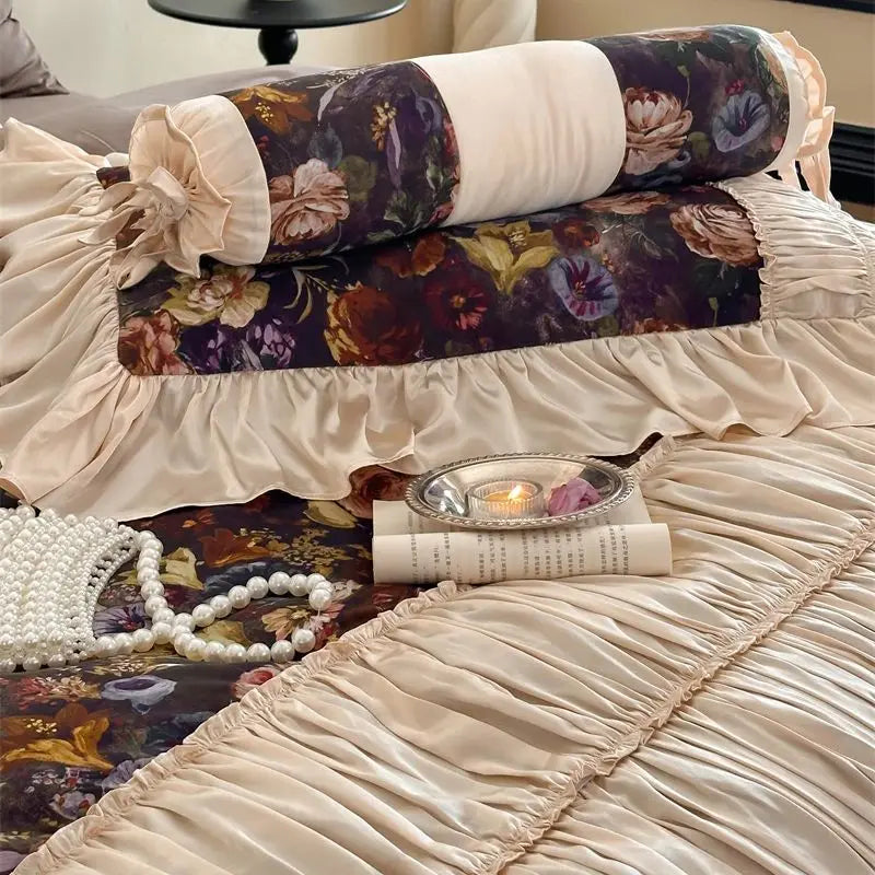 Afralia™ Vintage French Flowers Lace Ruffles Egyptian Cotton Bedding Set