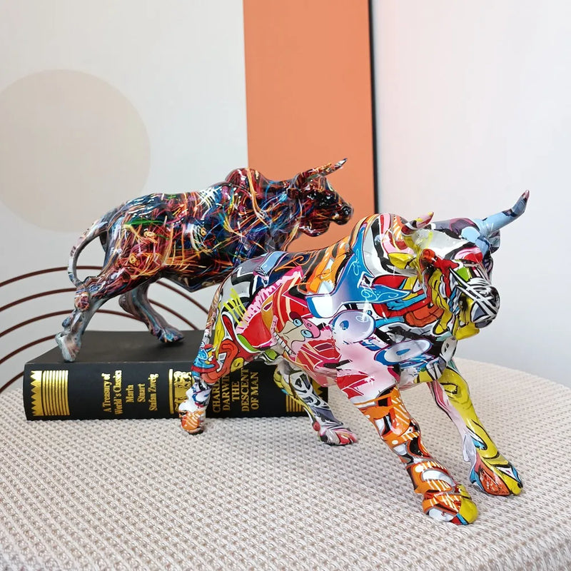 Afralia™ Charging Bull Statue Resin Pop Art Sculpture Home Decor Figurine Mosaic