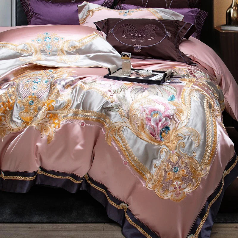 Afralia™ Pink Purple Embroidery European Palace Bedding Set - 9Pcs Premium Egyptian Cotton