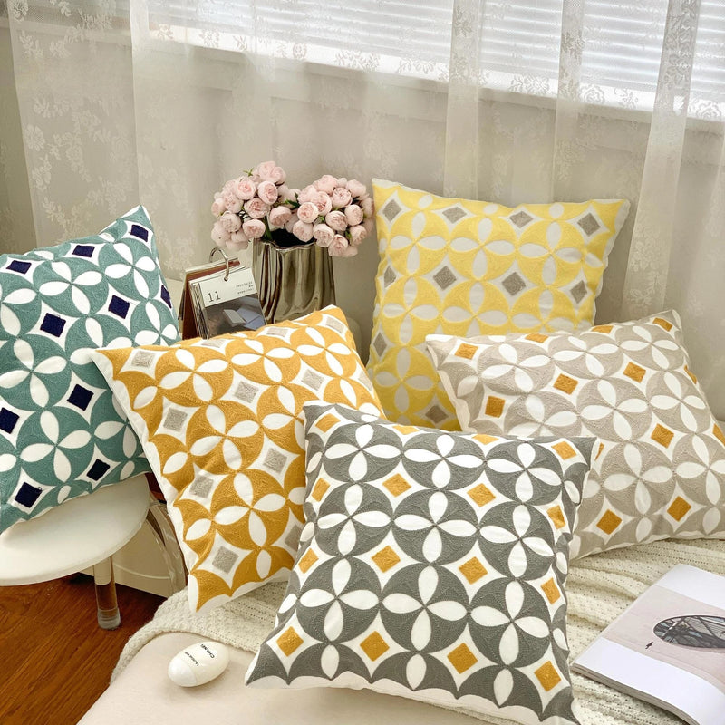 Geometric Embroidery Pillow Case 45x45cm Grey Yellow Blue Zigzag Afralia™ Home Decor