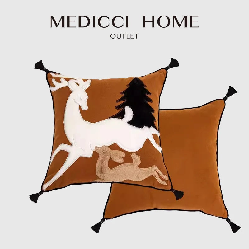 Afralia™ Handmade Reindeer Applique Embroidery Christmas Cushion Cover - Festive Xmas Holiday Decor