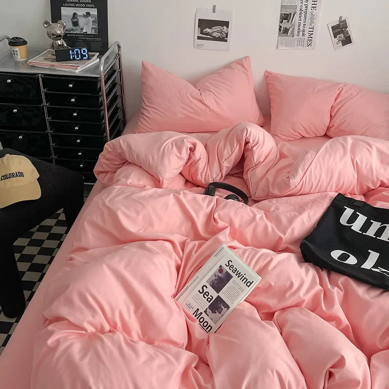 Afralia™ Washed Cotton Bed Set - Soft & Breathable 4-Piece Solid Color Duvet Cover Bed Sheet