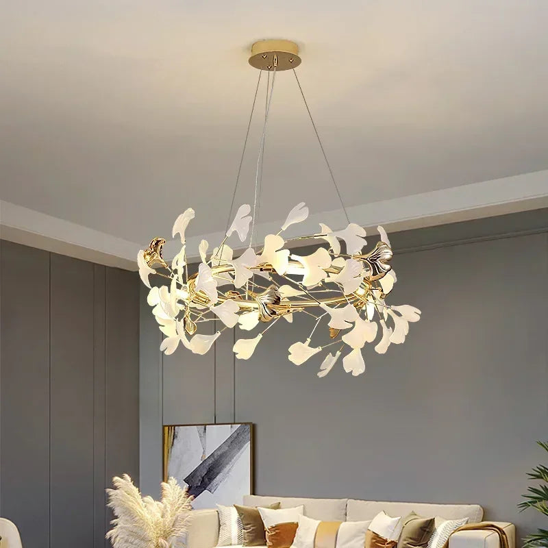 Afralia™ Nordic Ginkgo Branch Leaf Ceiling Chandelier Pendant Lamp for Living Room Home Decor