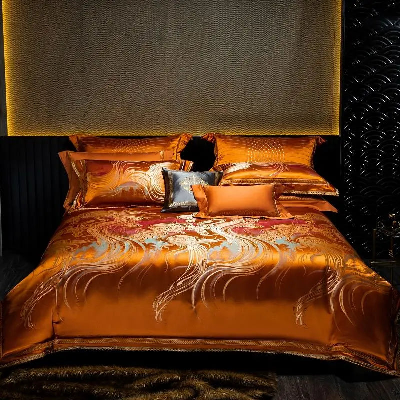 Afralia™ Embroidered Brocade Egyptian Cotton Duvet Cover Set, Black Gold
