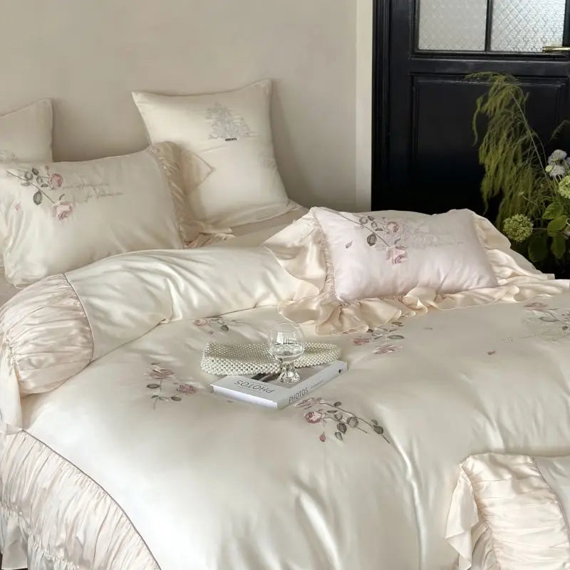 Afralia™ Embroidered Lace Princess Bedding Set - 4 Piece Cotton Flowers Collection
