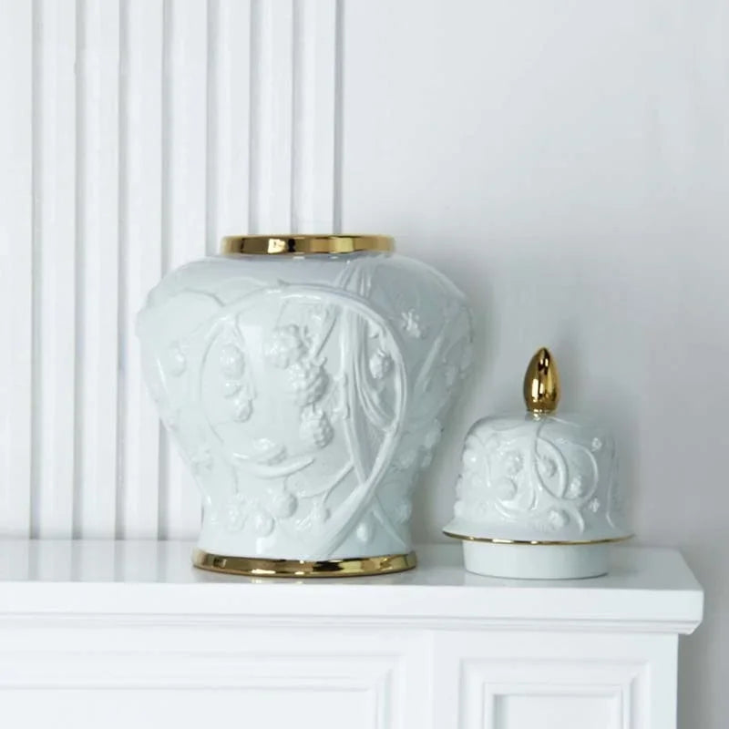 Afralia™ Embossed Flower Ceramic Ginger Jar Vase - Home Decor Storage Tank