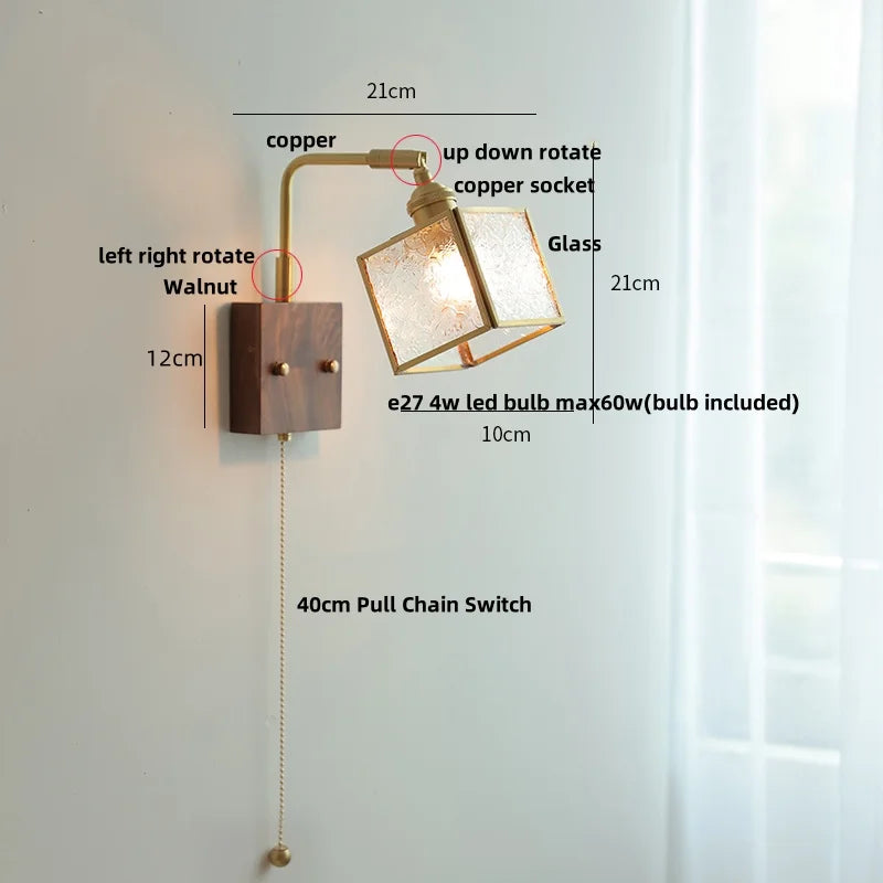 Afralia™ Walnut LED Wall Lights Pull Chain Switch Bedside Lamp Vintage Cube Glass Stair Light