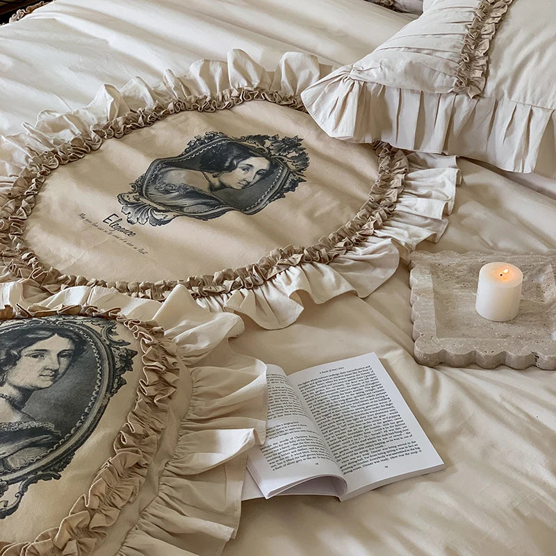 Afralia™ French Lace Ruffles Vintage Bedding Set, 100% Cotton, Queen/King, 4Pcs